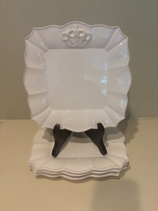 Blue Sky Clayworks Other - 4 BLUE SKY 2010 CLAYWORKS REGAL CROWN WHITE SQUARE DINNER PLATES 10" Preowned